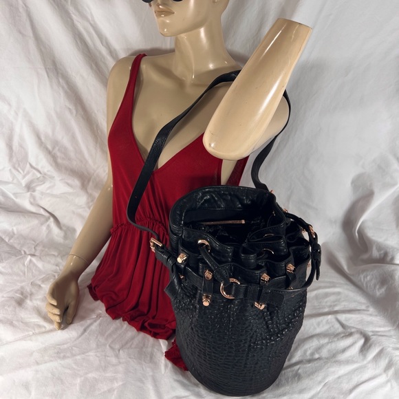 ALEXANDER WANG Black Pebbled Leather Rocco Diego Studded Bucket Shoulder Bag - Picture 17 of 17